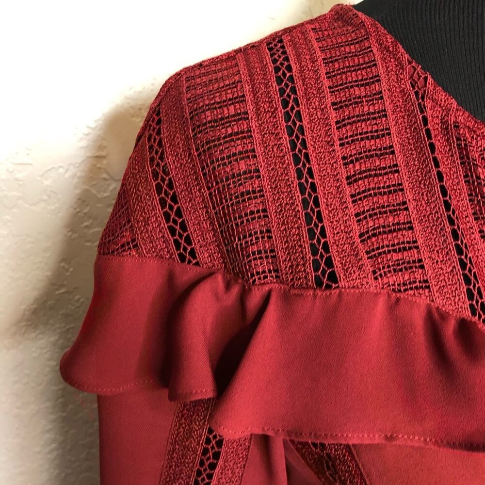 Rebecca Minkoff dark red lace ruffle trim tie sleeve top size Large feminine - Picture 4 of 16